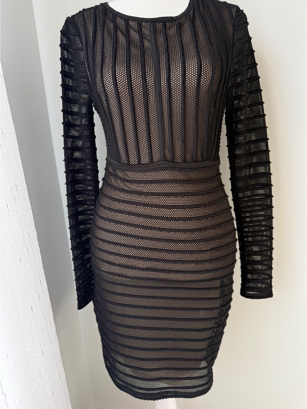 Bebe Black Sheer Mesh Striped Bodycon Dress